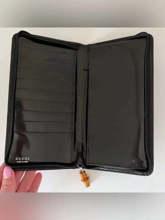 Gucci Bamboo Zip Around Wallet Black Nylon Patent Leather Trim - Picture 6 of 9